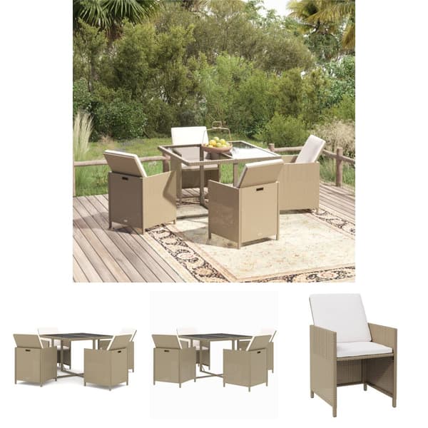 The Living Store Matgrupp för trädgården med dynor 5 delar konstrotting beige - Utemöbelgrupper