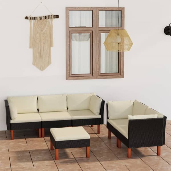 The Living Store loungesæt til haven 6 dele med hynder polyrattan sort -  Havemøbelsæt