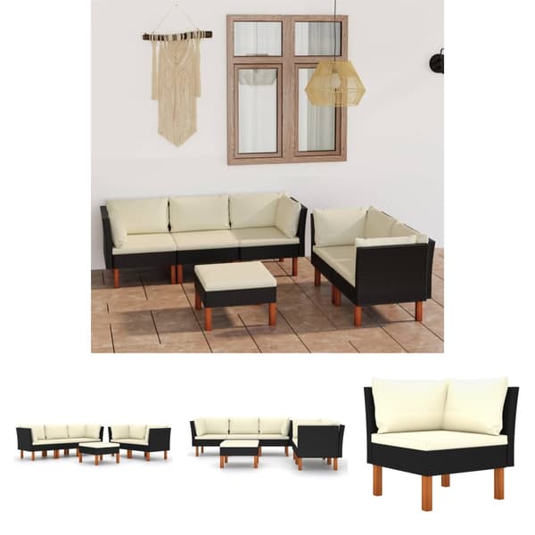 The Living Store loungesæt til haven 6 dele med hynder polyrattan sort -  Havemøbelsæt