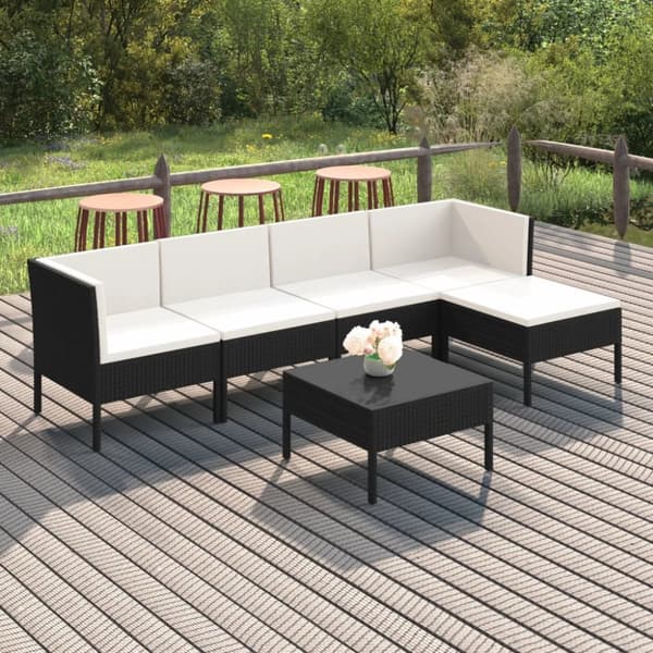 The Living Store loungesæt til haven 6 dele med hynder polyrattan sort -  Havemøbelsæt