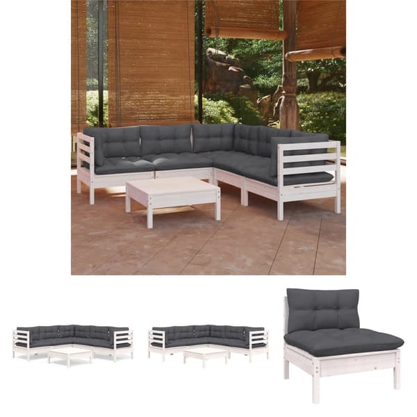 The Living Store Loungegrupp med dynor 6 delar vit massiv furu -  Utemöbelgrupper