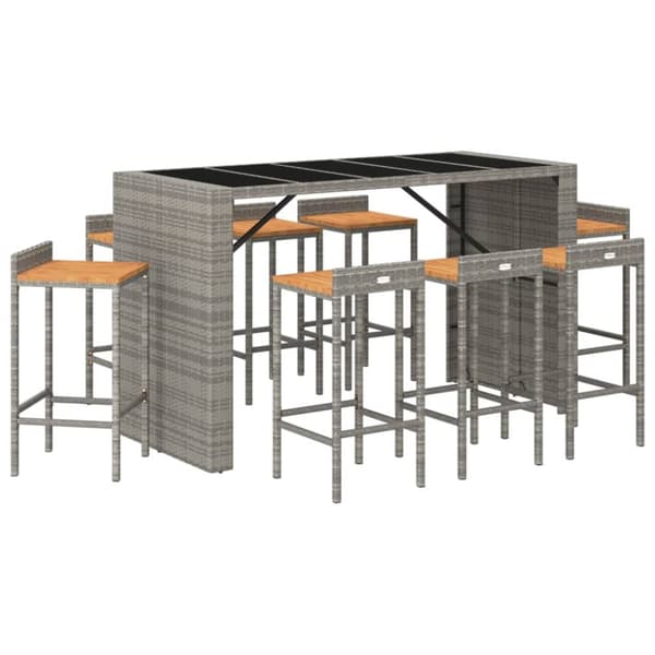 The Living Store 9-osainen Ulkobaarisarja harmaa polyrottinki/täysi akasiapuu - Ulkokalustesarjat