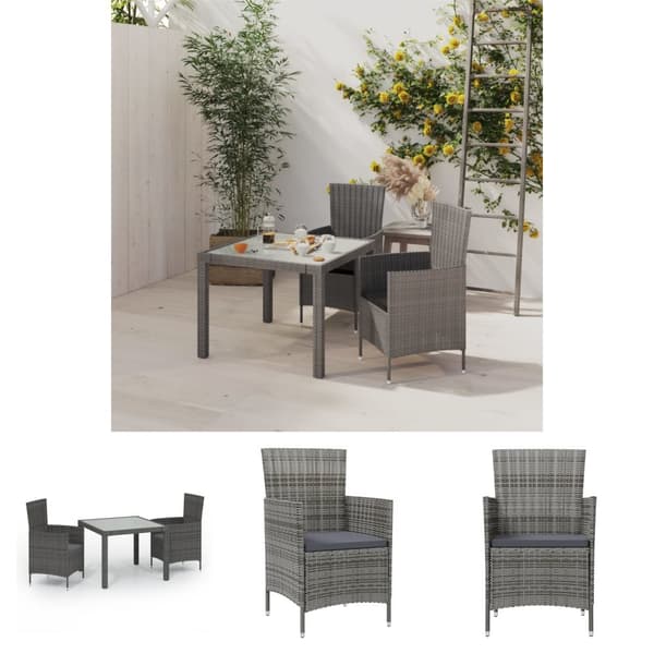 The Living Store udendørs spisebordssæt 3 dele med hynder polyrattan grå - Havemøbelsæt