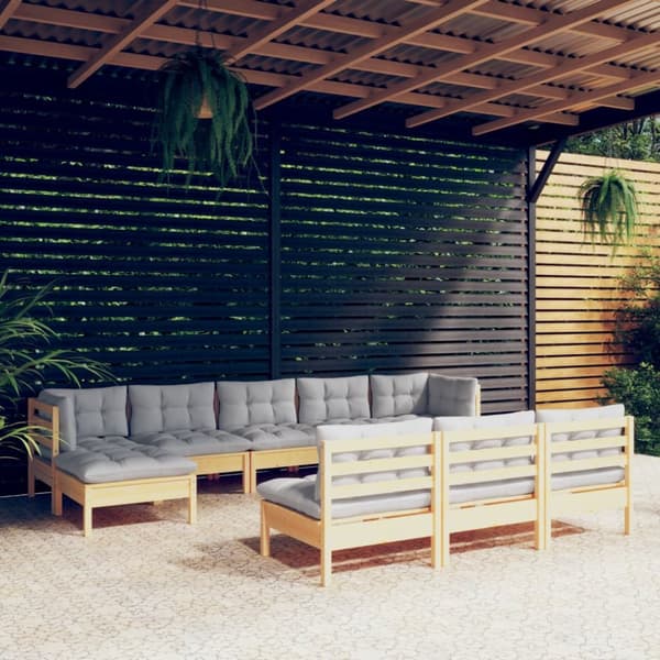 The Living Store loungesæt til haven 10 dele med grå hynder fyrretræ -  Havemøbelsæt