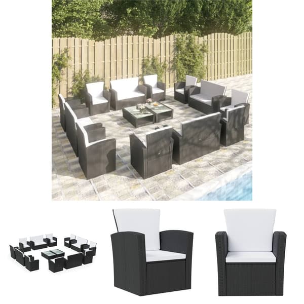 The Living Store Loungegrupp med dynor 16 delar konstrotting svart -  Utemöbelgrupper