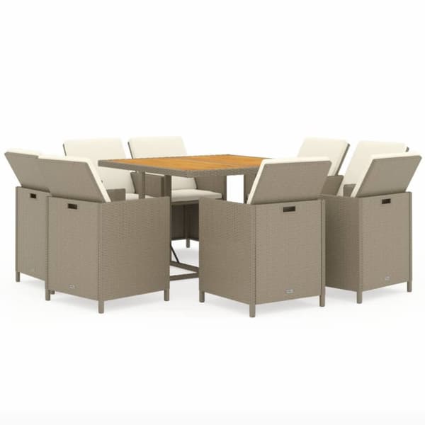 The Living Store spisebordssæt til haven 9 dele med hynder polyrattan beige -  Havemøbelsæt