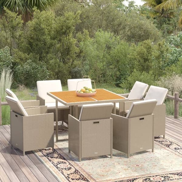 The Living Store spisebordssæt til haven 9 dele med hynder polyrattan beige - Havemøbelsæt