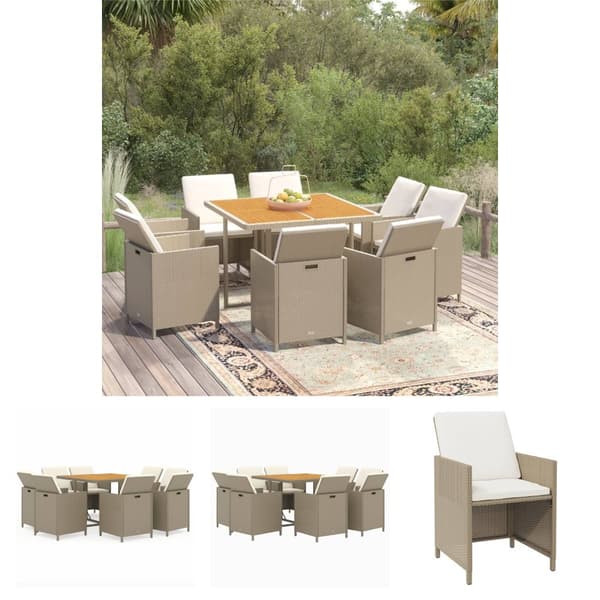 The Living Store spisebordssæt til haven 9 dele med hynder polyrattan beige -  Havemøbelsæt