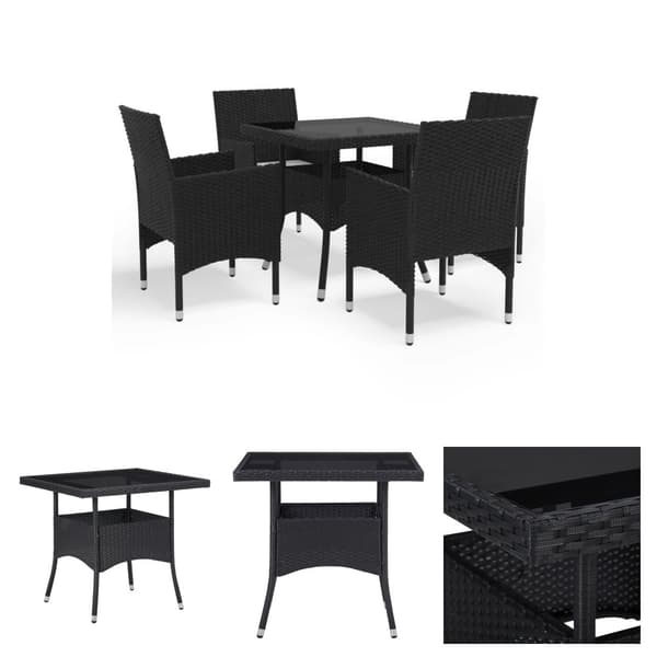 The Living Store spisebordssæt til haven 5 dele polyrattan og glas sort - Havemøbelsæt