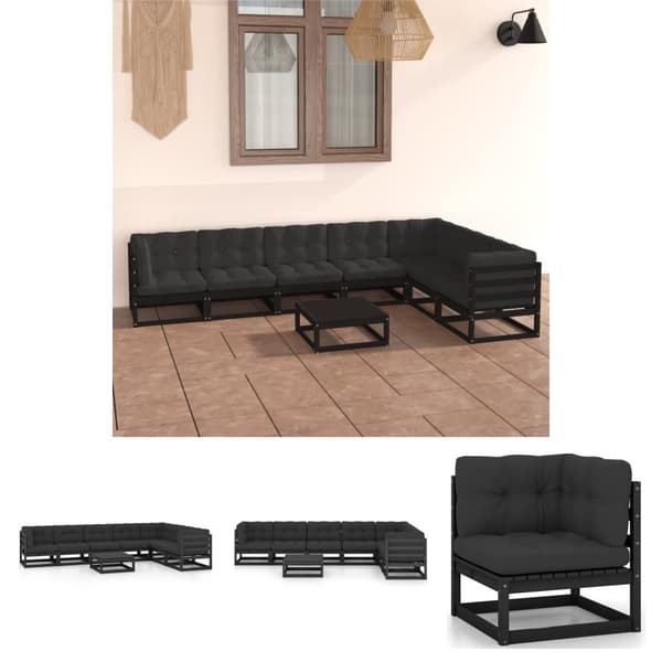 The Living Store Loungegrupp för trädgården med dynor 8 delar svart massiv furu -  Utemöbelgrupper