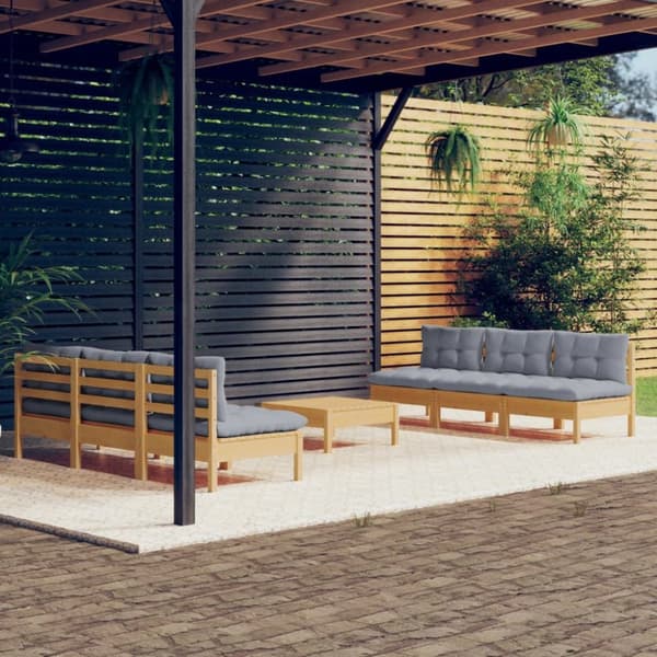 The Living Store Loungegrupp med grå dynor 7 delar massiv furu - Utemöbelgrupper