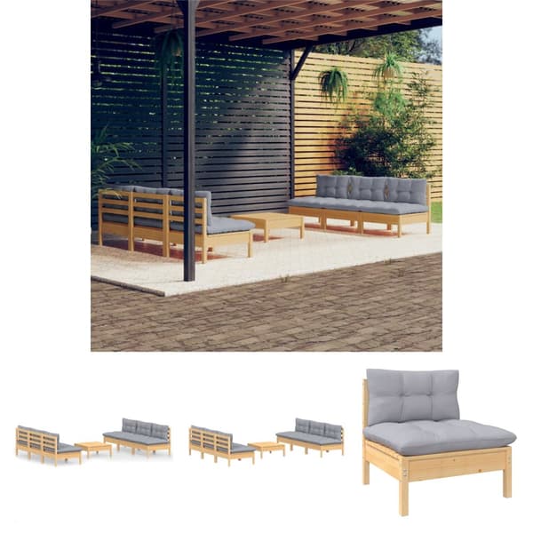 The Living Store Loungegrupp med grå dynor 7 delar massiv furu - Utemöbelgrupper