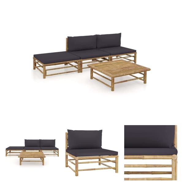 The Living Store Loungegrupp för trädgården med mörkgrå dynor 4 delar bambu -  Utemöbelgrupper