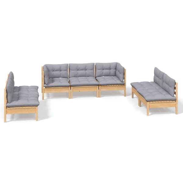 The Living Store Loungegrupp med grå dynor 7 delar massiv furu - Utemöbelgrupper