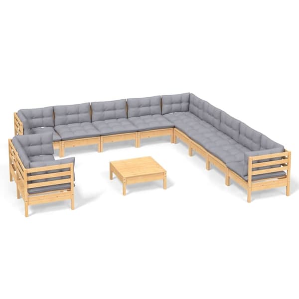 The Living Store Loungegrupp med grå dynor 12 delar massiv furu - Utemöbelgrupper