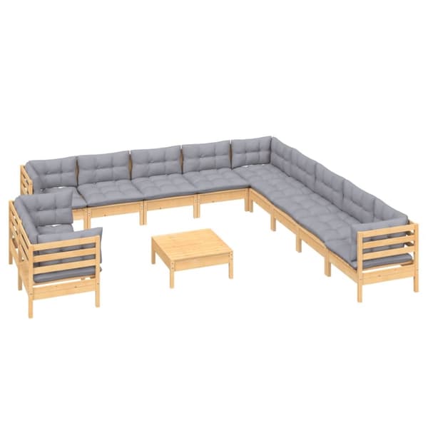 The Living Store Loungegrupp med grå dynor 12 delar massiv furu - Utemöbelgrupper