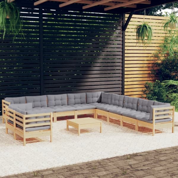 The Living Store Loungegrupp med grå dynor 12 delar massiv furu - Utemöbelgrupper