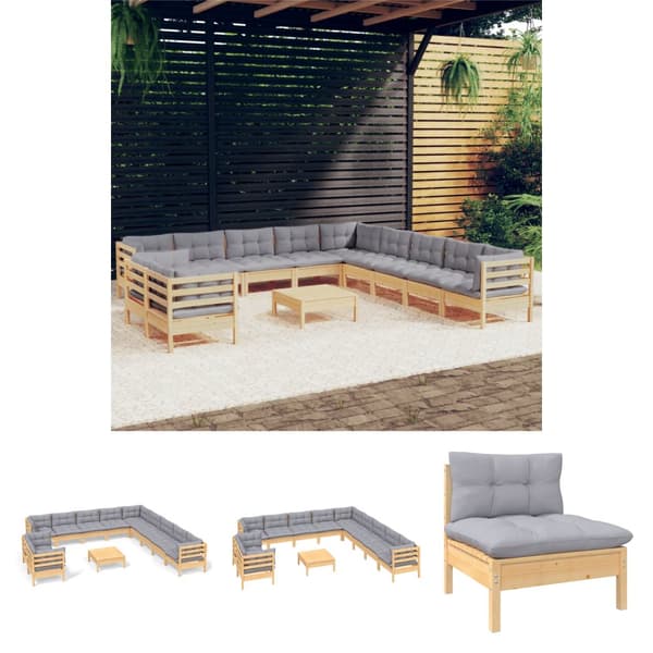 The Living Store Loungegrupp med grå dynor 12 delar massiv furu - Utemöbelgrupper