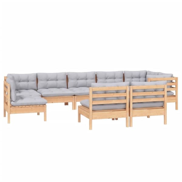 The Living Store Loungegrupp med grå dynor 9 delar massiv furu - Utemöbelgrupper