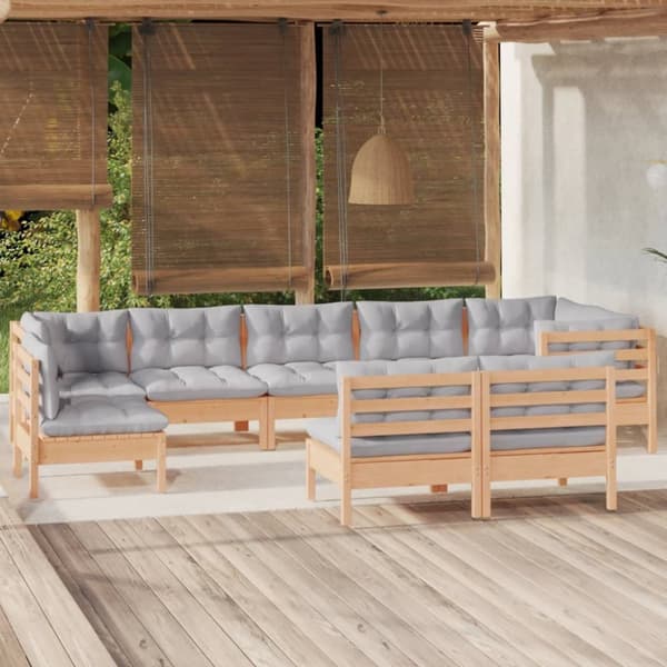 The Living Store Loungegrupp med grå dynor 9 delar massiv furu -  Utemöbelgrupper