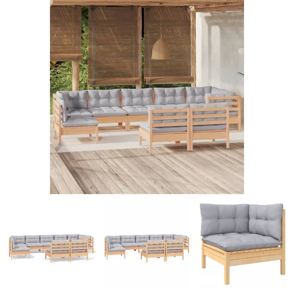The Living Store Loungegrupp med grå dynor 9 delar massiv furu - Utemöbelgrupper