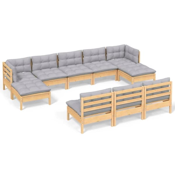 Utemöbelgrupper - Living Loungegrupp med grå dynor 10 delar massiv furu
