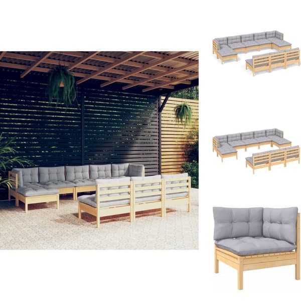 Utemöbelgrupper - Living Loungegrupp med grå dynor 10 delar massiv furu