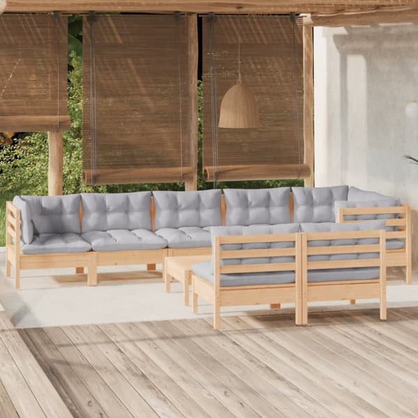 Havemøbelsæt - Living loungesæt til haven 9 dele med grå hynder massivt fyrretræ