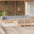 Miniatyrbillede 2 af 10: Havemøbelsæt - Living loungesæt til haven 9 dele med grå hynder massivt fyrretræ