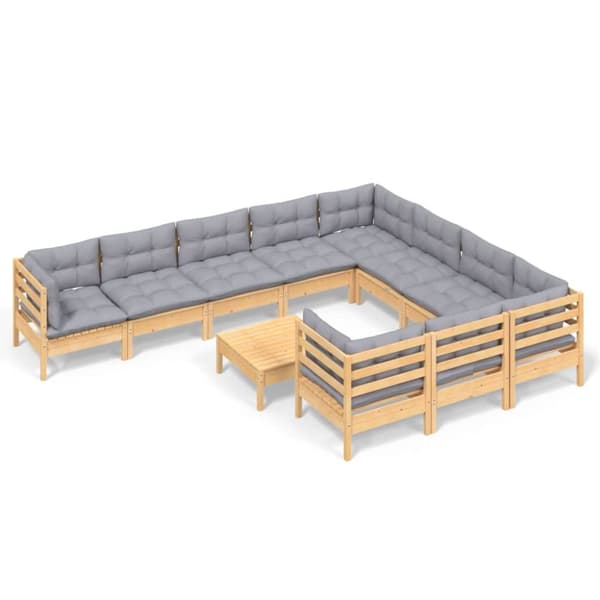 Utemöbelgrupper - Living Loungegrupp med grå dynor 11 delar massiv furu