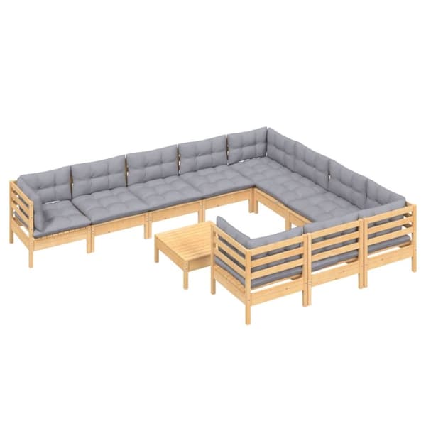Utemöbelgrupper - Living Loungegrupp med grå dynor 11 delar massiv furu