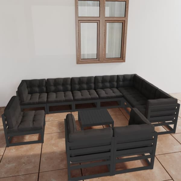 Utemöbelgrupper - Living Loungegrupp för trädgården med dynor 11 delar svart massiv furu