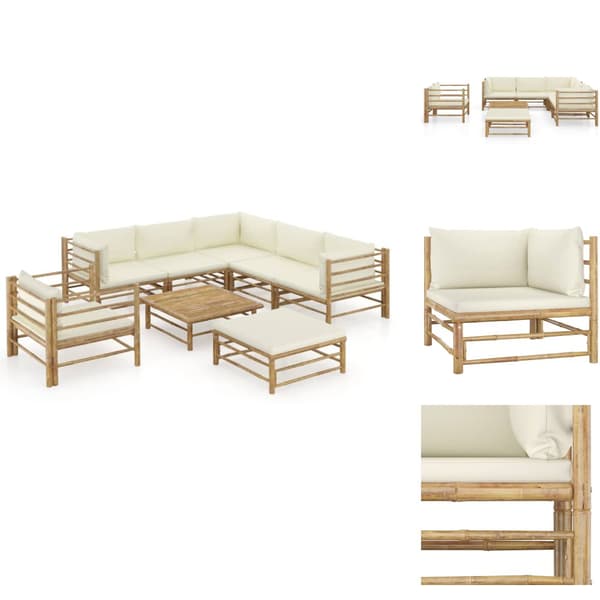 Utemöbelgrupper - Living Loungegrupp för trädgården med gräddvita dynor 8 delar bambu