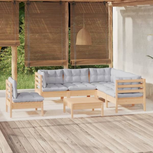 Loungesæt til haven 6 dele med grå hynder fyrretræ - Haveloungesæt - Loungesæt Til Haven - Home & Living
