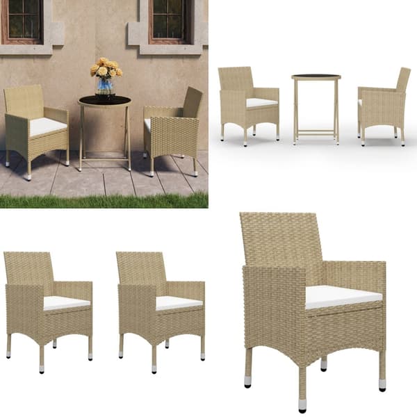 3-osainen Bistrosarja polyrottinki ja karkaistu lasi beige - Puutarhakalusteet - Terassikalusteet - Home & Living
