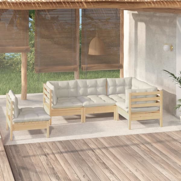 Loungegrupp med gräddvita dynor 5 delar massiv furu - Loungegrupp - Loungegrupper - Home & Living