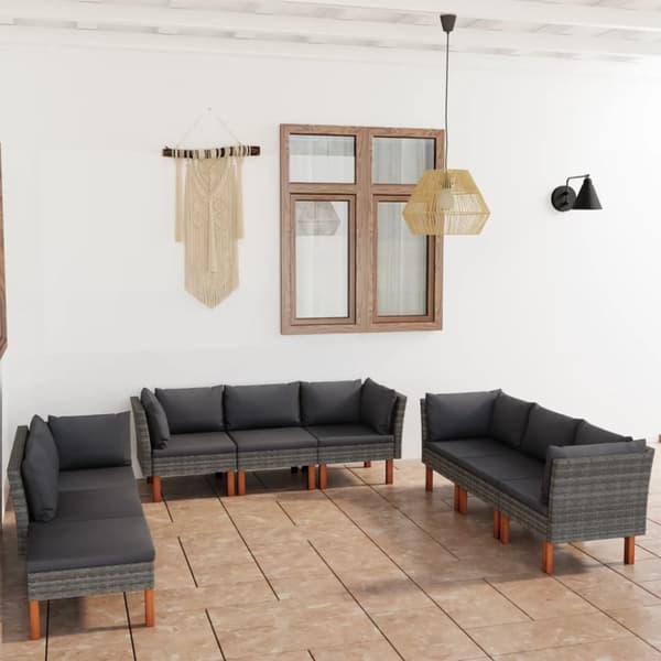 Loungesæt til haven 9 dele med hynder polyrattan grå - Haveloungesæt - Loungesæt Til Haven - Home & Living
