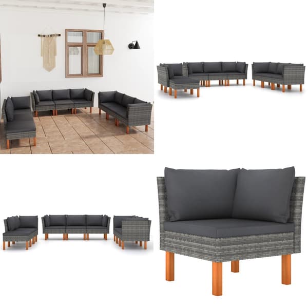 Loungesæt til haven 9 dele med hynder polyrattan grå - Haveloungesæt - Loungesæt Til Haven - Home & Living