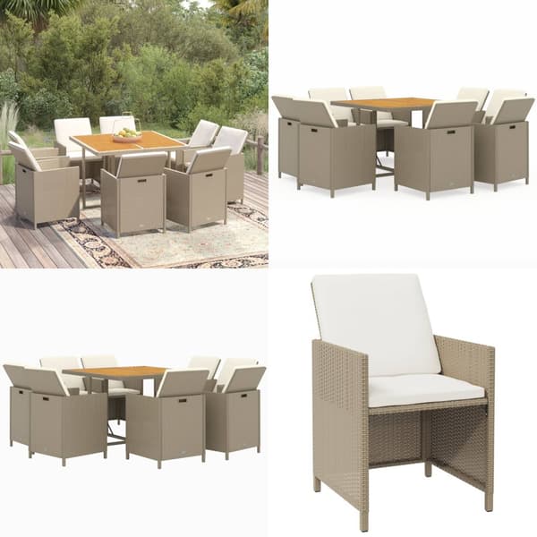 Spisebordssæt til haven 9 dele med hynder polyrattan beige - Spisebordssæt Til Haven - Havespisebordssæt - Home & Living