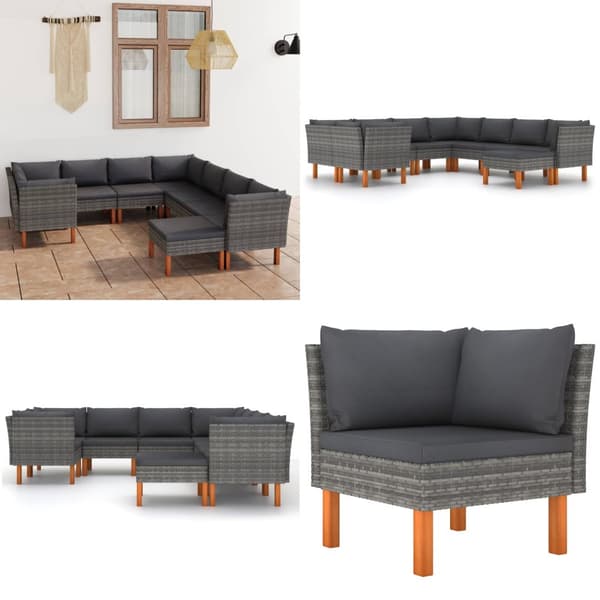 Loungesæt til haven 9 dele med hynder polyrattan grå - Haveloungesæt - Loungesæt Til Haven - Home & Living
