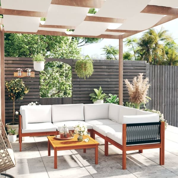 Loungegrupp för trädgården med dynor gräddvit 6 delar akaciaträ - Trädgårdssoffa - Trädgårdssoffor - Home & Living