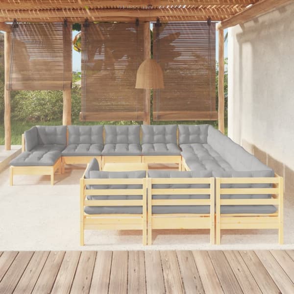 Loungesæt til haven 13 dele med grå hynder fyrretræ - Haveloungesæt - Loungesæt Til Haven - Home & Living