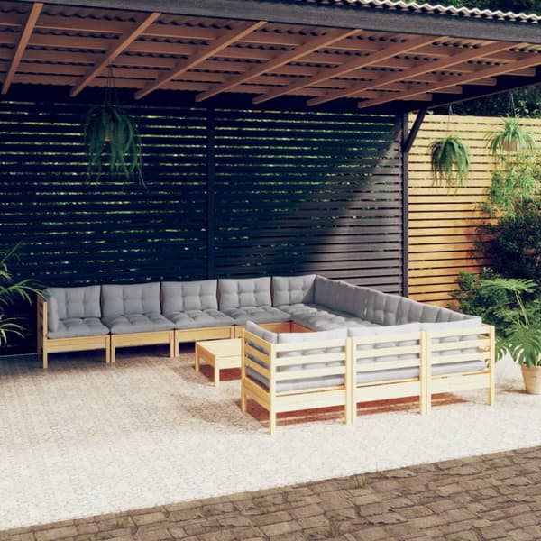Loungesæt til haven 12 dele med grå hynder fyrretræ - Haveloungesæt - Loungesæt Til Haven - Home & Living
