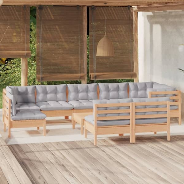 Loungesæt til haven 10 dele med grå hynder massivt fyrretræ - Haveloungesæt - Loungesæt Til Haven - Home & Living