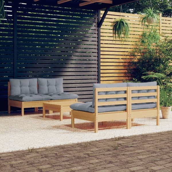 5-osainen Puutarhasohvasarja harmaa tyynyillä mänty - Puutarhakalusteet - Terassikalusteet - Home & Living