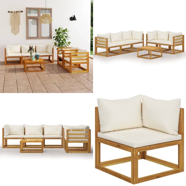 Loungesæt til haven 6 dele med hynde massivt akacietræ creme - Haveloungesæt - Loungesæt Til Haven - Home & Living