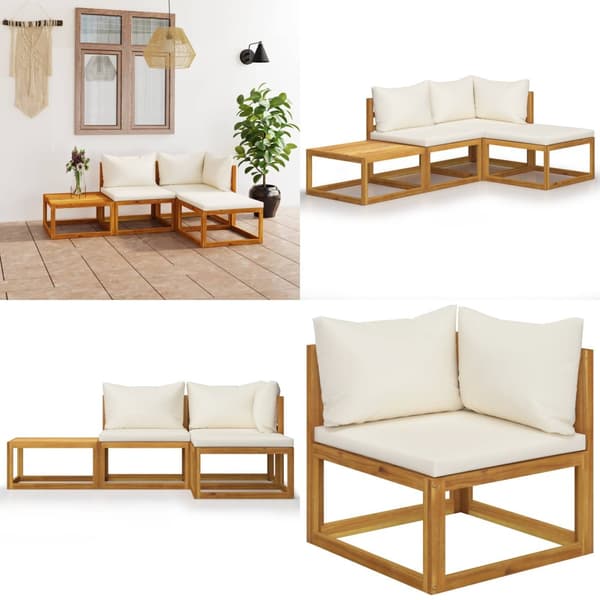 Loungesæt til haven 4 dele med hynde massivt akacietræ creme - Haveloungesæt - Loungesæt Til Haven - Home & Living