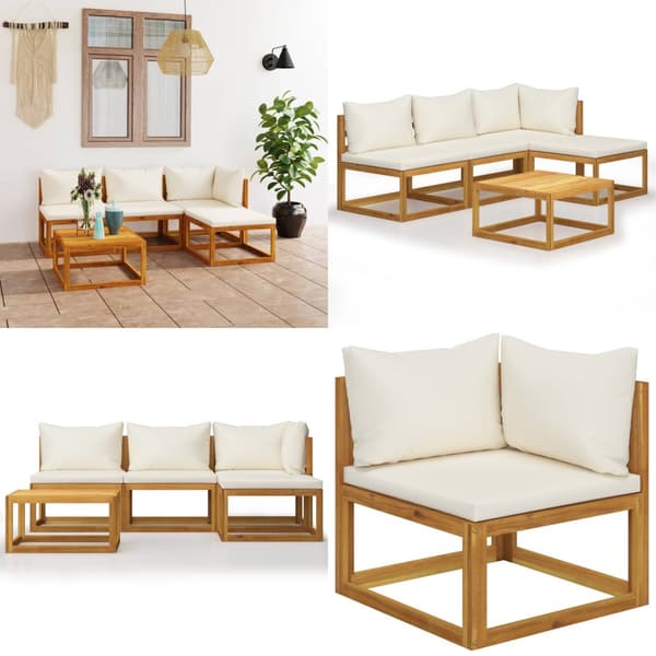 Loungesæt til haven 5 dele med hynde massivt akacietræ creme - Haveloungesæt - Loungesæt Til Haven - Home & Living