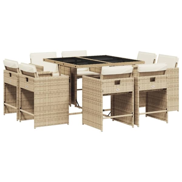 vidaXL Matgrupp för trädgården med dynor 9 delar beige konstrotting
