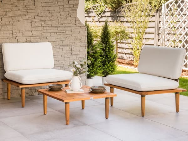 Hagesofasett Off-white Puter Akasietre Moderne Utendørs 2 Seter Lenestoler 1 Bord